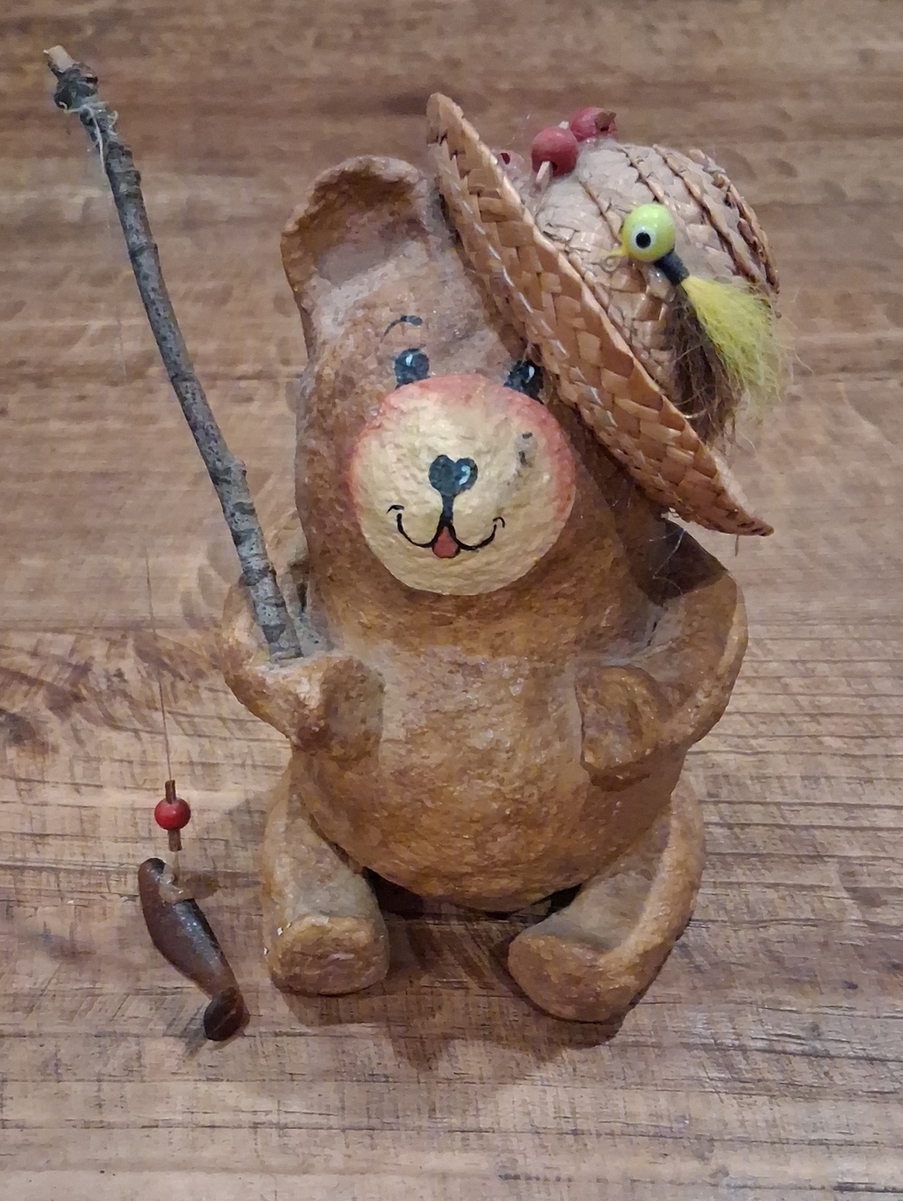 Handcrafted Brown Bear Fisher with Straw Hat